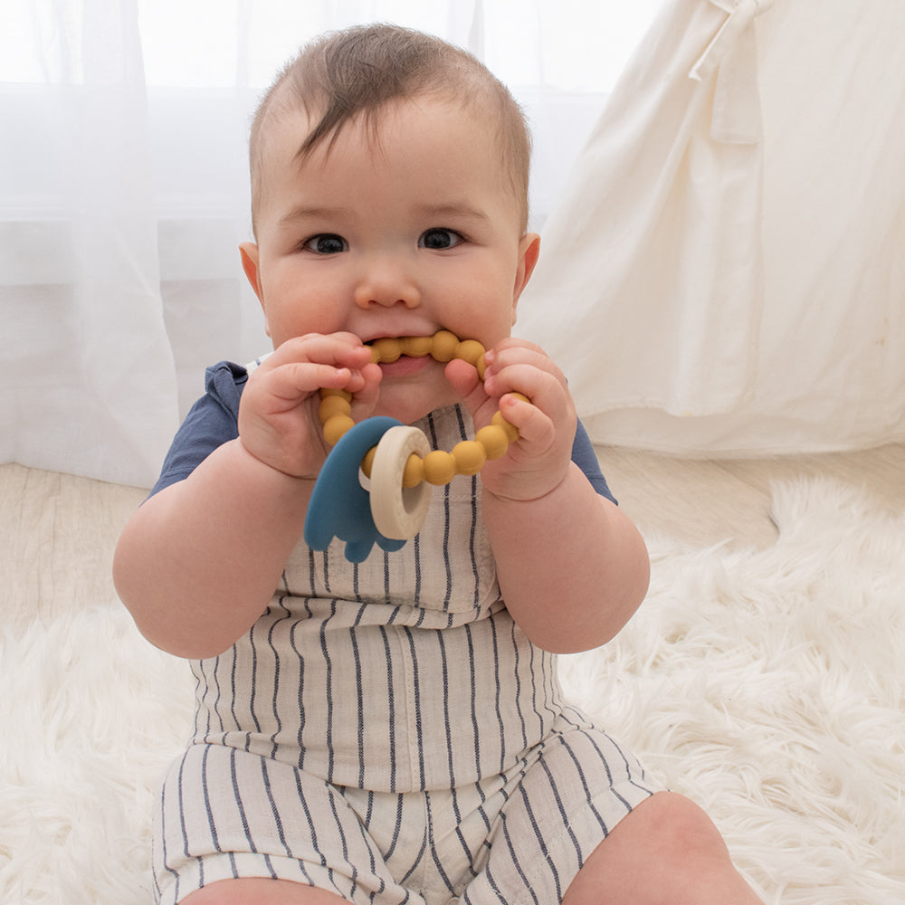 Silicone Elephant Teether Ring - Blue/ Mustard