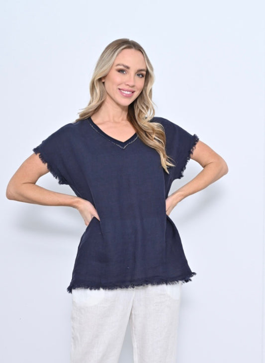 Lucia Linen Top - Navy