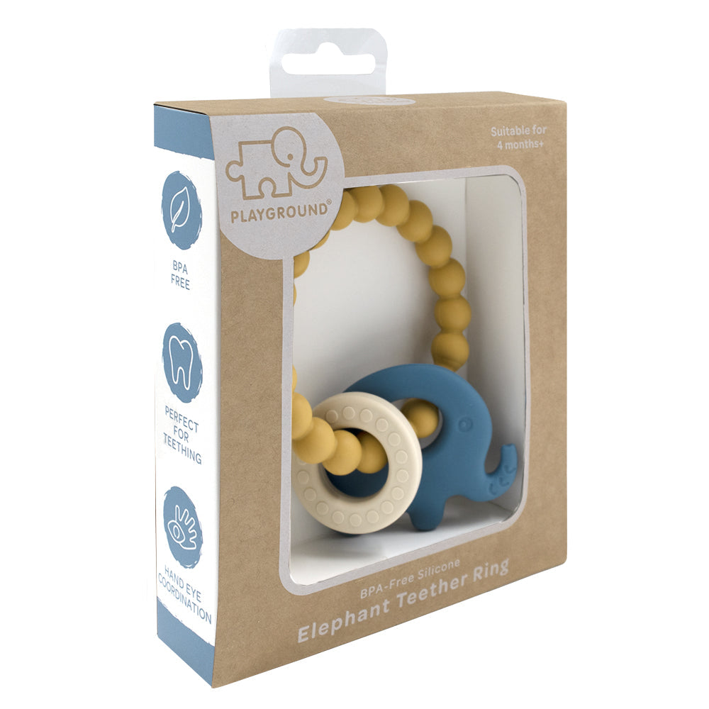 Silicone Elephant Teether Ring - Blue/ Mustard