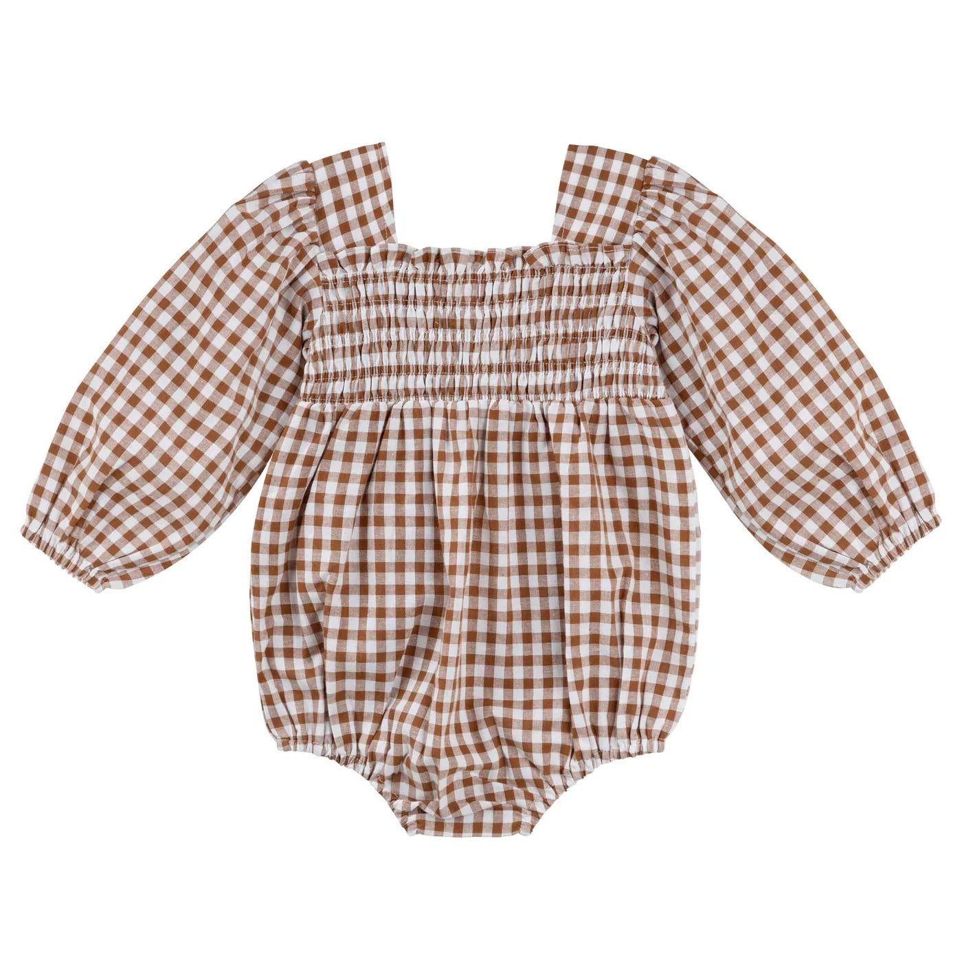 LILY L/S PUFF SLEEVE ROMPER - COCOA GINGHAM