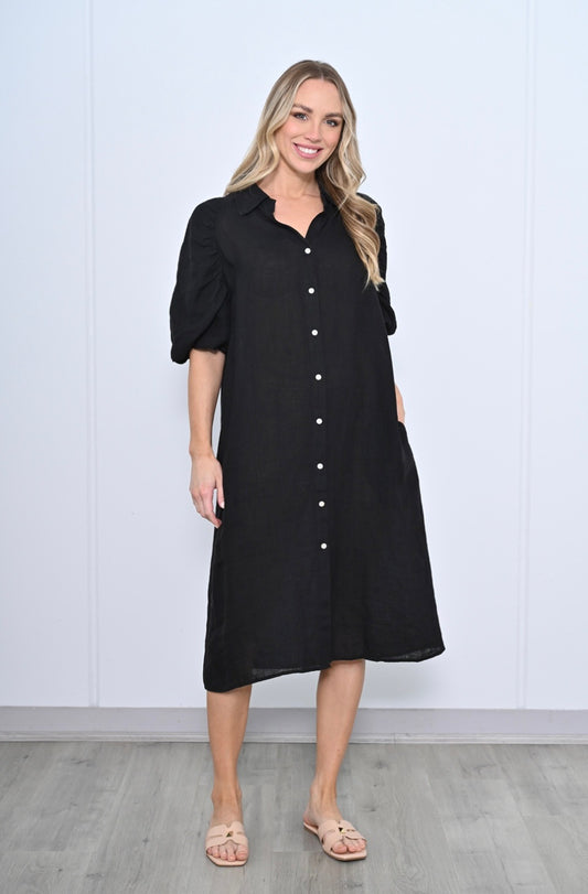 Linen Shirt Dress - Black