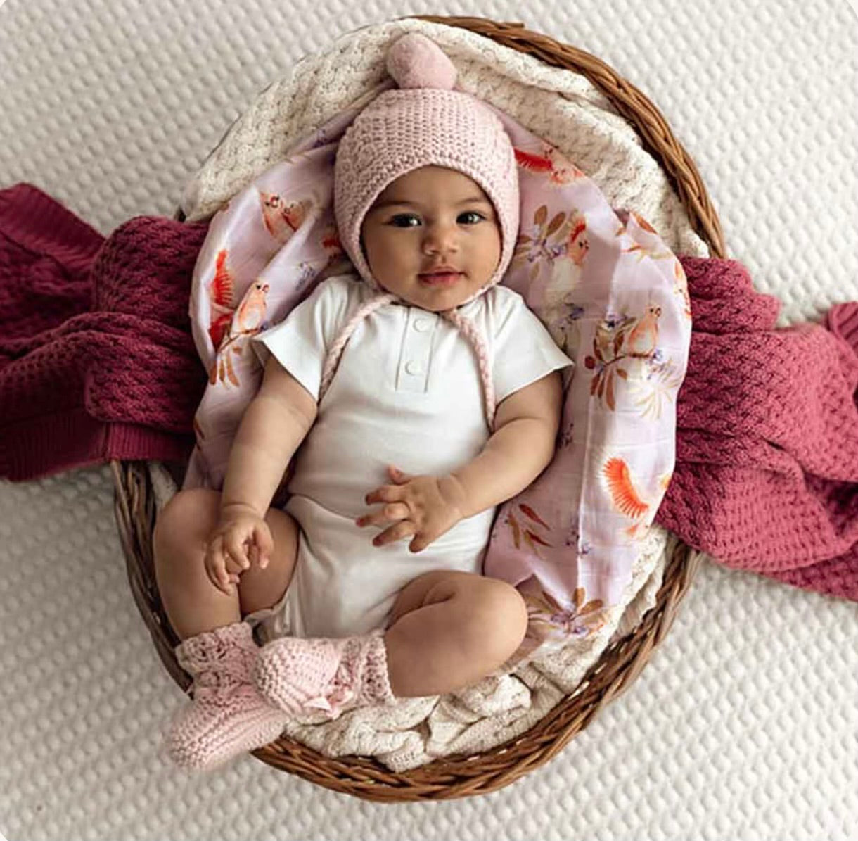 Pink Merino Wool Bonnet & Booties