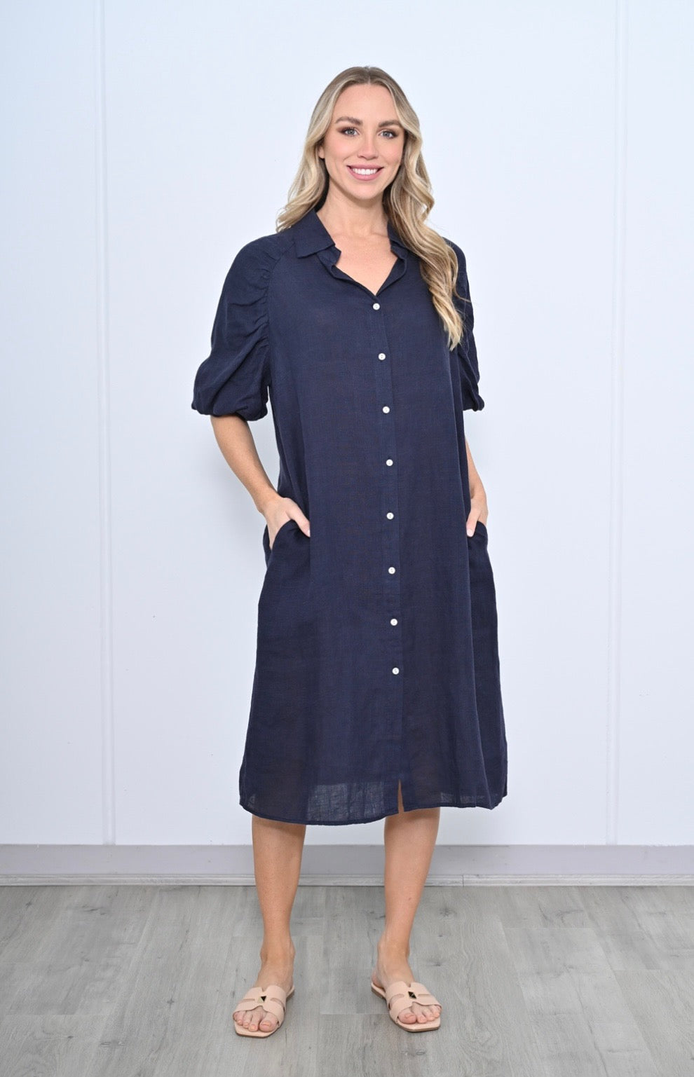 Linen Shirt Dress - Navy